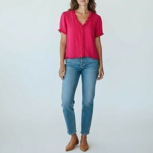 Mokea Designs Silk Cotton Blouse Red Ruffle Trim Button Front Women's Size 10